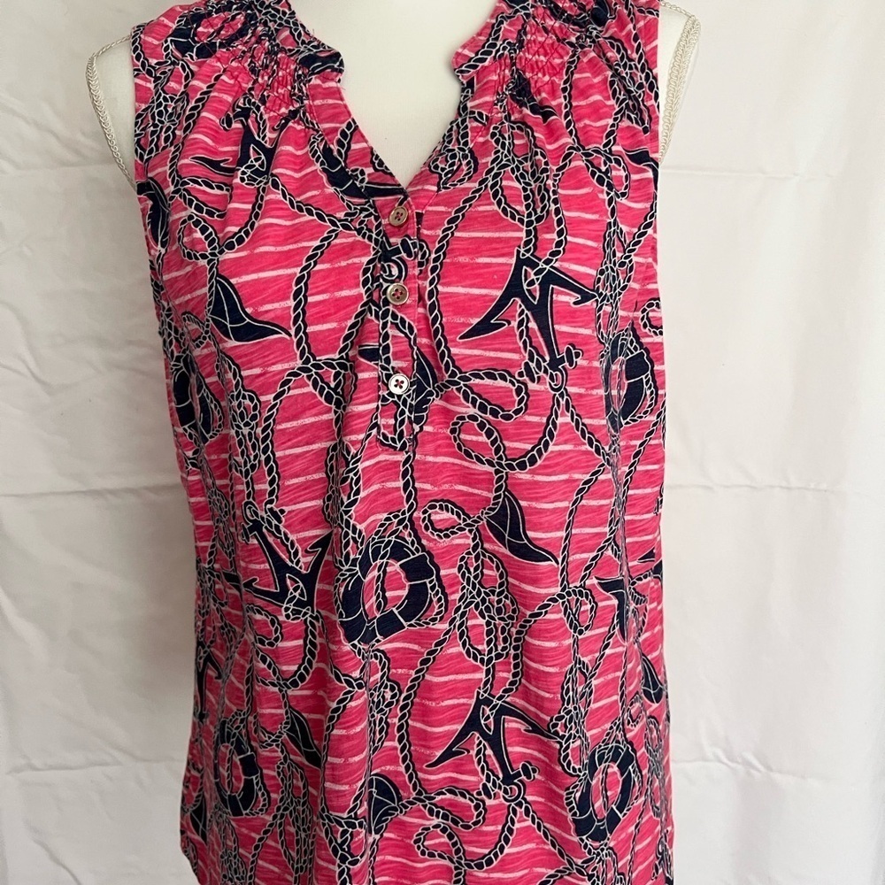 Caribbean Joe Pink Nautical Print Smocked Neck Sleeveless Top - Picture 2 of 10
